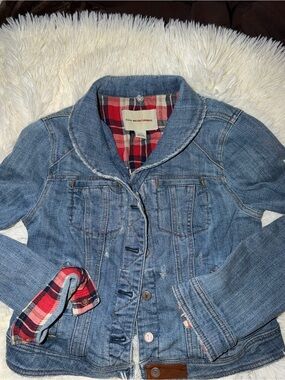 Anthropologie Pilcro Denim Jacket Plaid Lined Cropped Distressed Size M